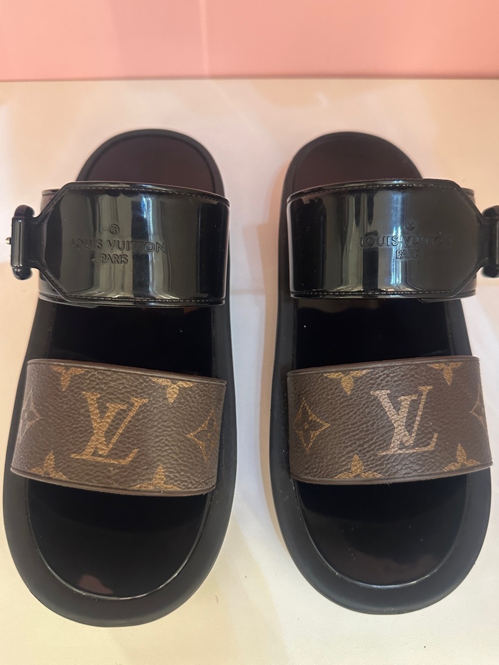 Louis Vuitton Black Patent and Brown Monogram Double-Strap Slides